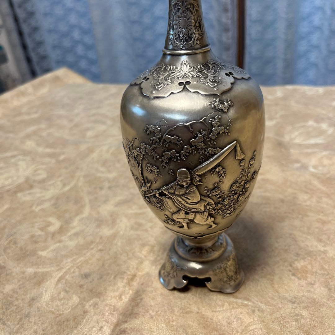 青鳳　内島　市平　花瓶　銀製　四季遊園之図