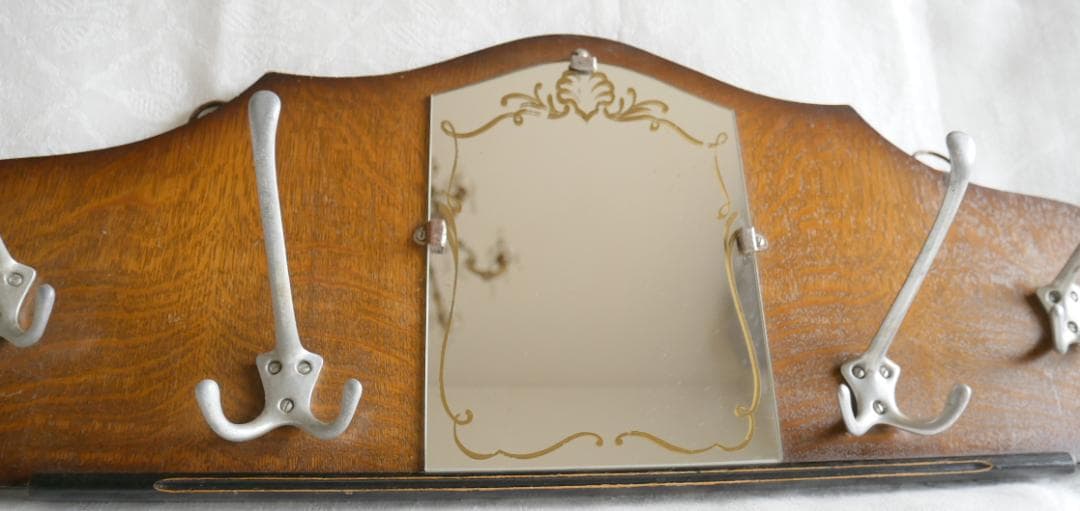 イギリス製アンティーク　ミラー付き木製ハンガーラック