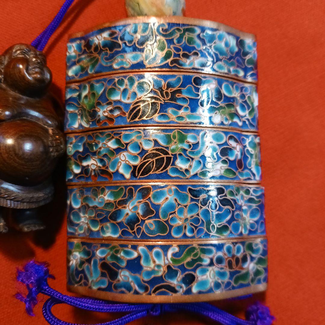 印籠　銅線有線七宝　根付け　緒締め玉付き　古物