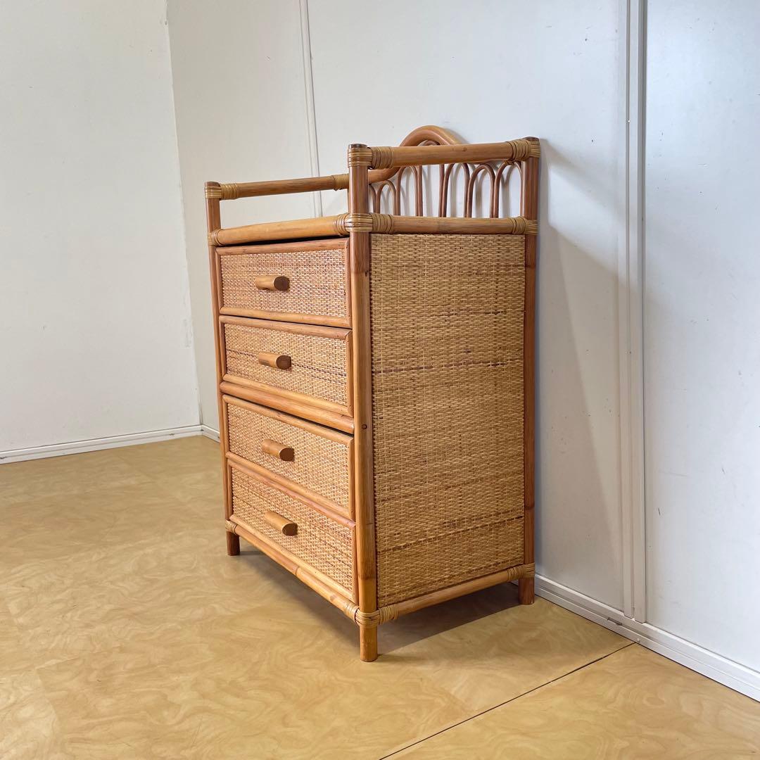 ビンテージ 籐 ラタン 4段チェスト 引き出し 収納 タンス 電話台