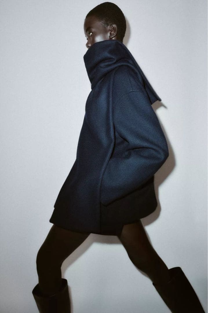 ZARA ウールショートスカーフコート ネイビー S