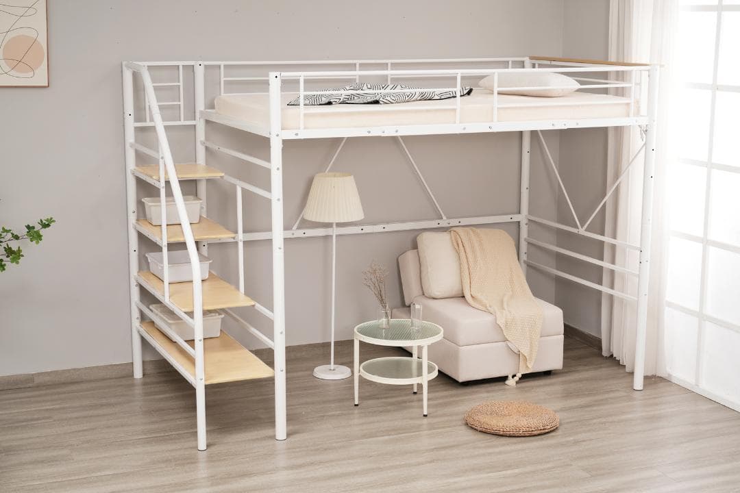 【10cm厚さマットレス付き】ロフトベッド 階段付き S シングル パイプベッド