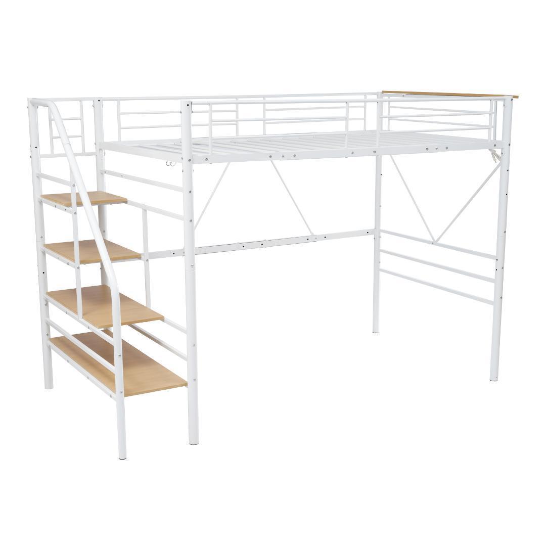 【10cm厚さマットレス付き】ロフトベッド 階段付き S シングル パイプベッド