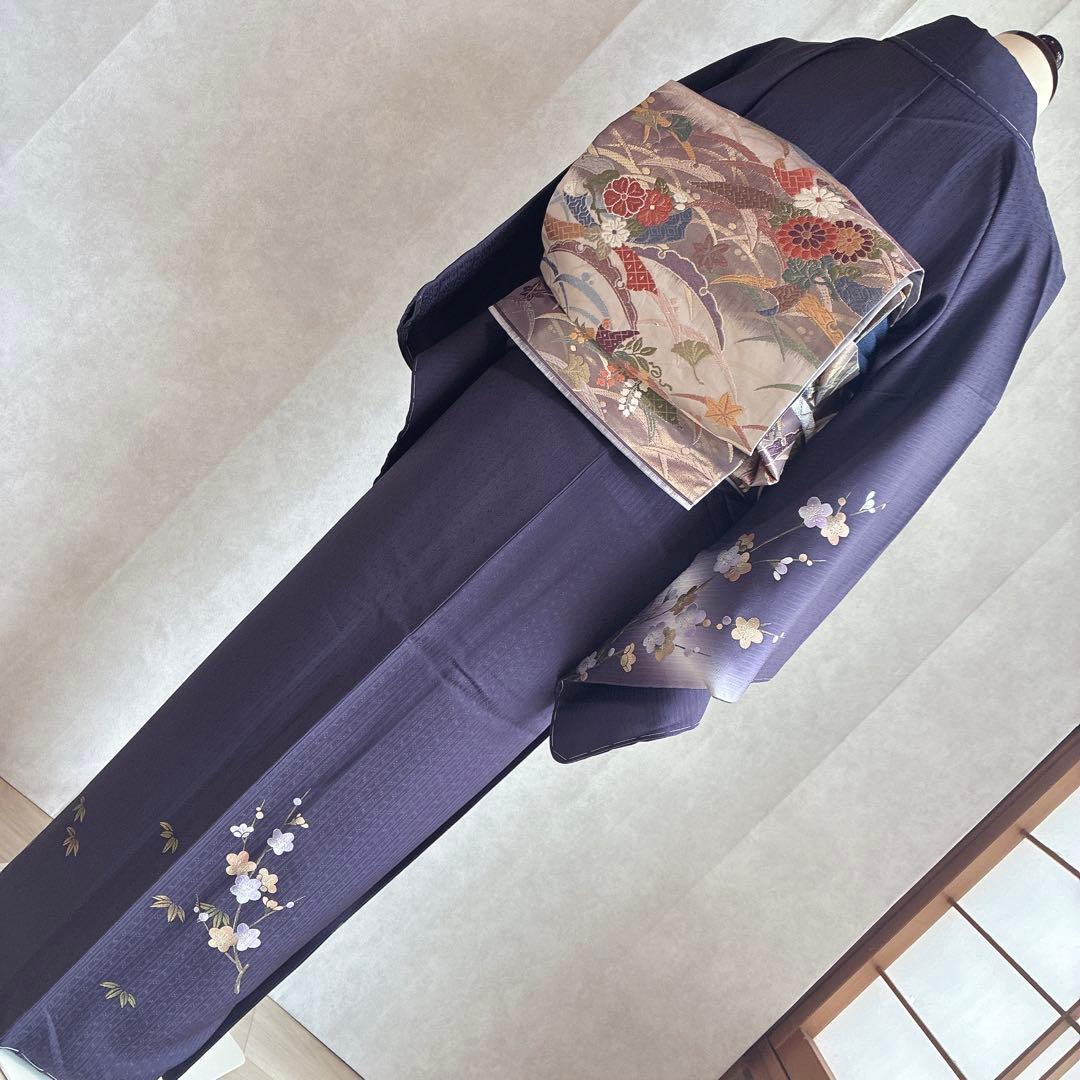 訪問着　フルセット　着物　正絹　ロング丈　しつけ糸付き　紫　梅の枝　結婚式　G9