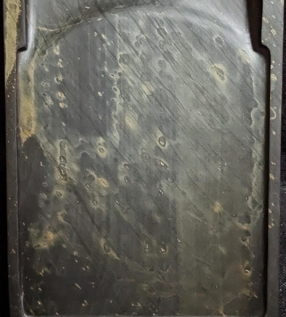 【歙州門字硯】◆金暈金星・金花紋・水波刷絲紋の青琅玕美石◆九吋◆唐木箱◆水舷坑