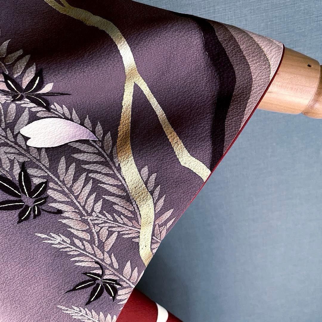 振袖フルセット　灰紫　錆朱　染分け　手描き友禅　成人式振袖　振袖