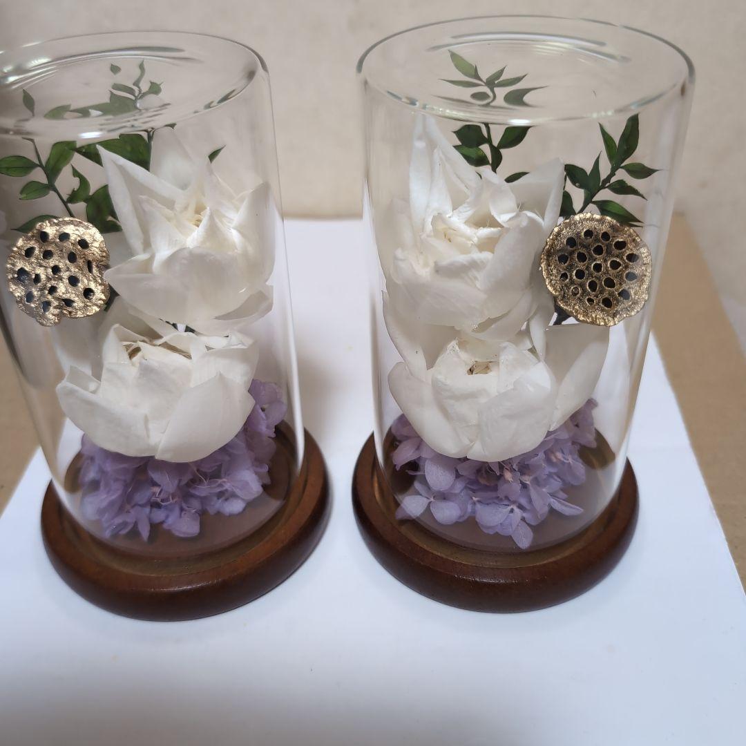 特選仏花　蓮の花　ガラスケース　天然木土台一対　造花無し　 プリザーブドフラワー