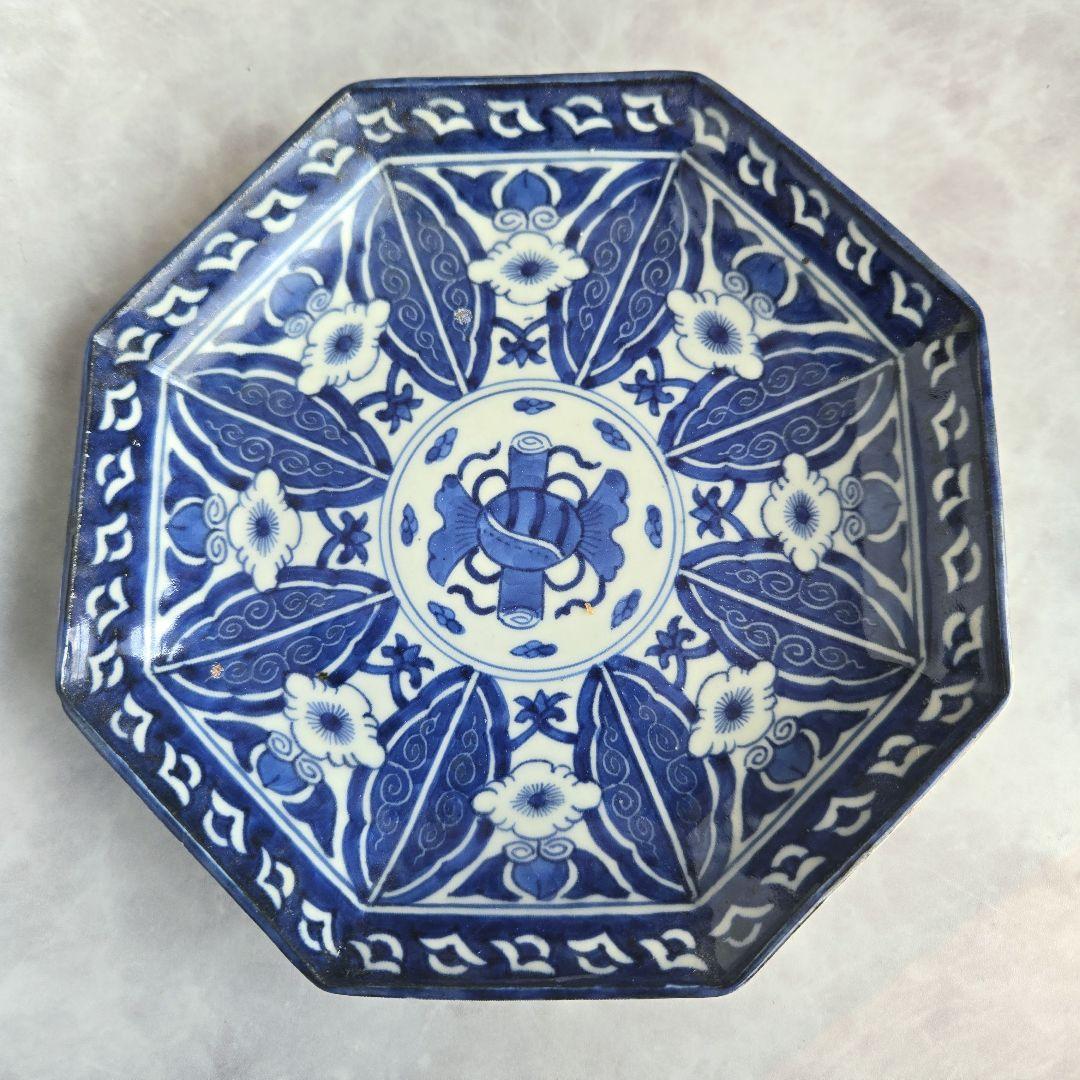 無傷完品　古伊万里　染付　八角　六寸皿　金継ぎ　アンティーク　骨董　江戸時代