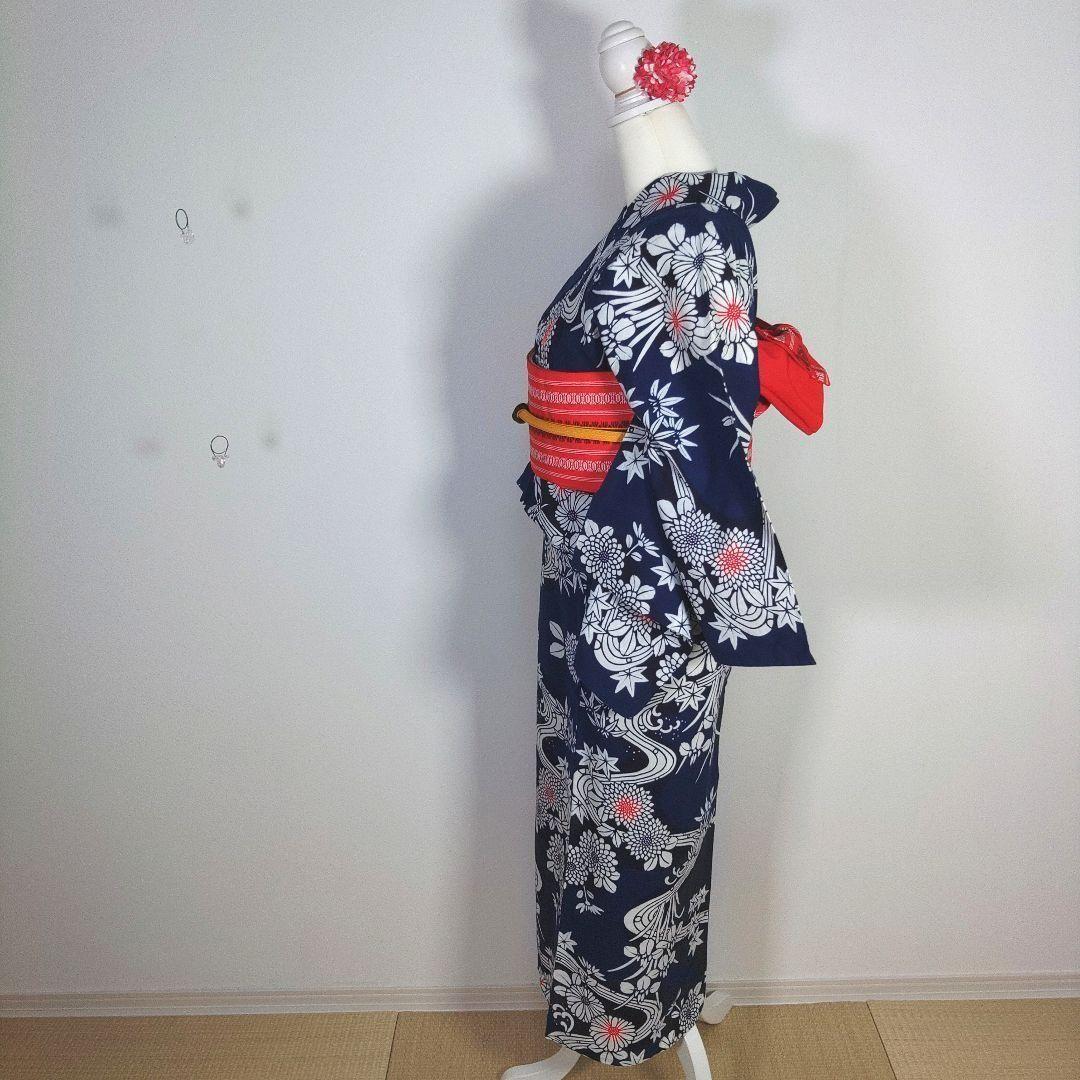 レトロ　レディース　浴衣セット　身丈154cm　花　ネイビー　半幅帯　博多帯　赤