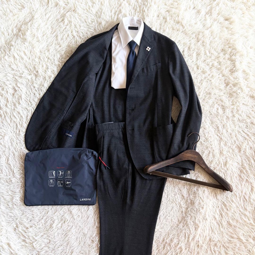 <美品>LARDINI easy wear新ロゴ ダークグレー ウールスーツ54