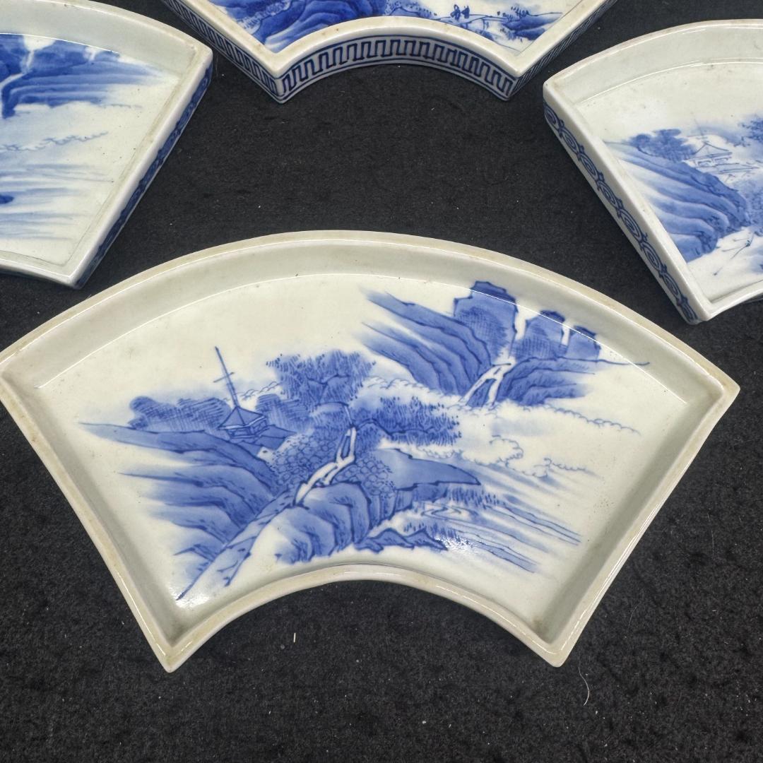 江戸時代 　古平戸 染付山水文扇形 皿 7枚