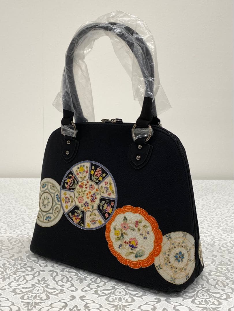 岡重謹製 未使用品 OKAJIMA バッグ 京友禅 金彩 絵皿文様 正絹 黒色