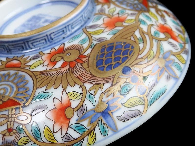 古伊万里　金襴手　鳳凰に宝珠　花唐草の図　蓋茶碗　E878AS-DCo
