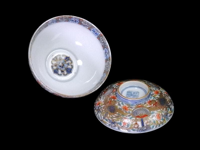 古伊万里　金襴手　鳳凰に宝珠　花唐草の図　蓋茶碗　E878AS-DCo