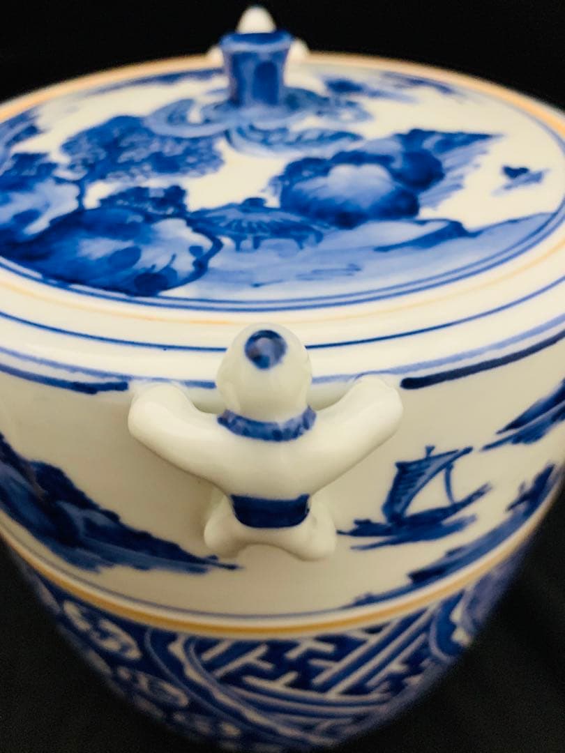 桃山窯　橋本喜泉　染付二宋神　唐子　水指　茶道具　栞黄布共箱付き