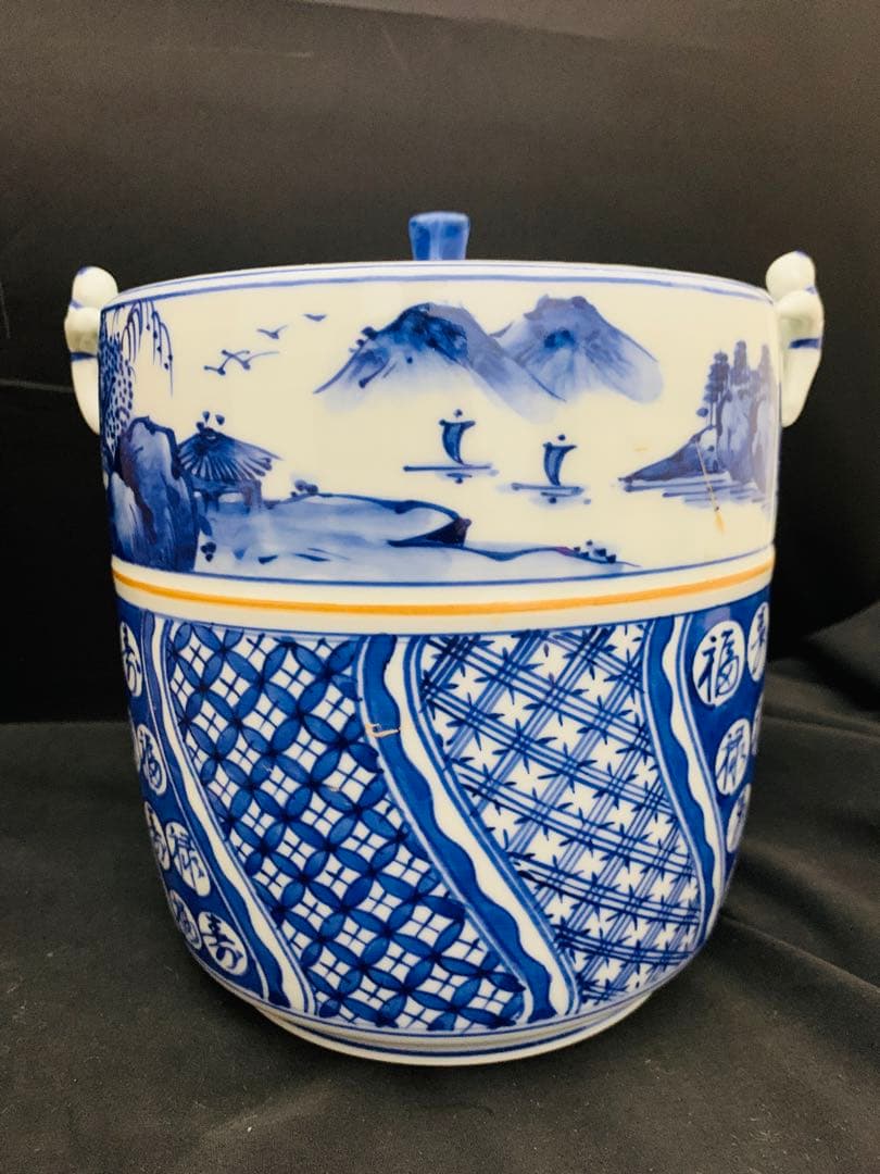 桃山窯　橋本喜泉　染付二宋神　唐子　水指　茶道具　栞黄布共箱付き