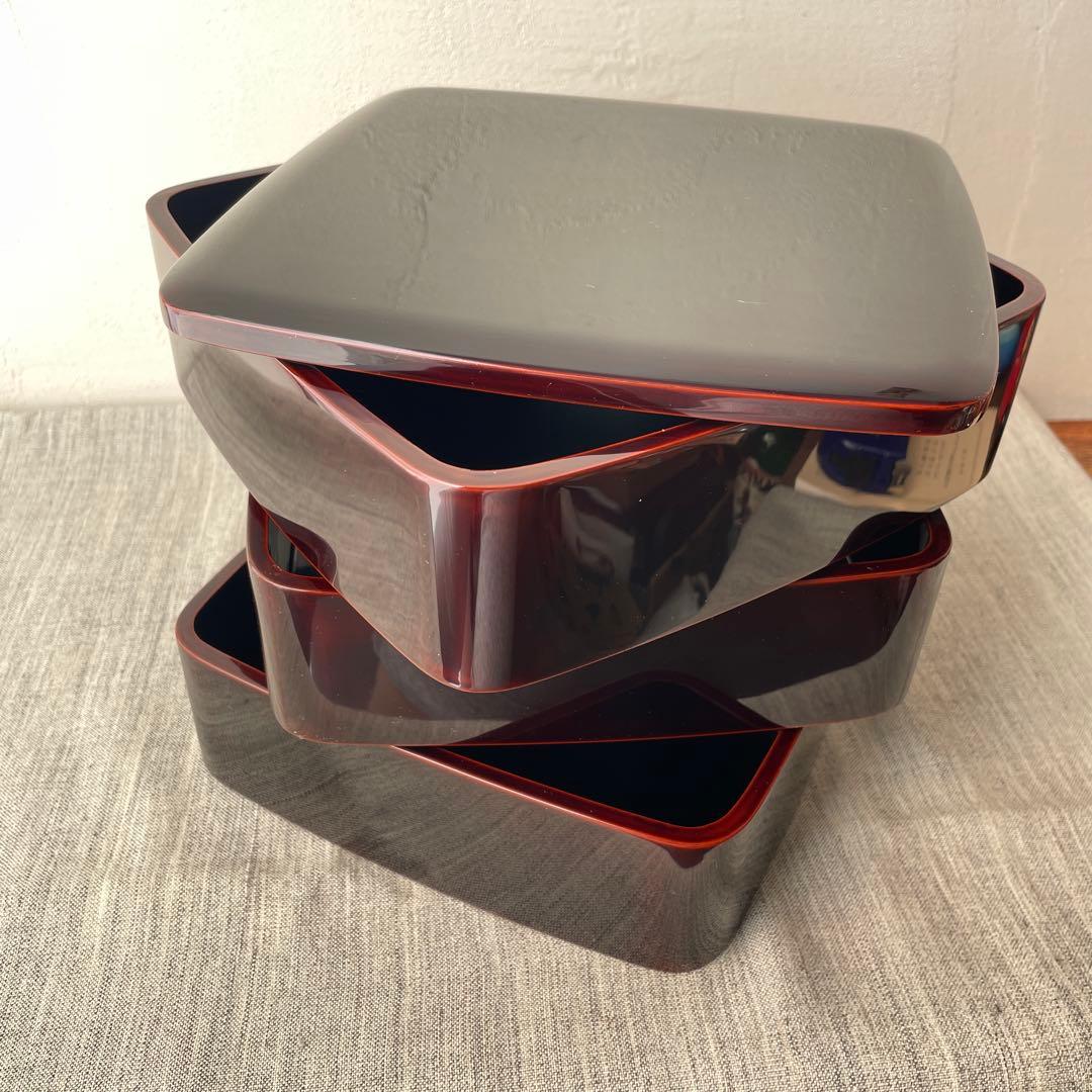 溜塗 木製 漆器 重箱 3段 19.5cm 黒　無地　胴張り