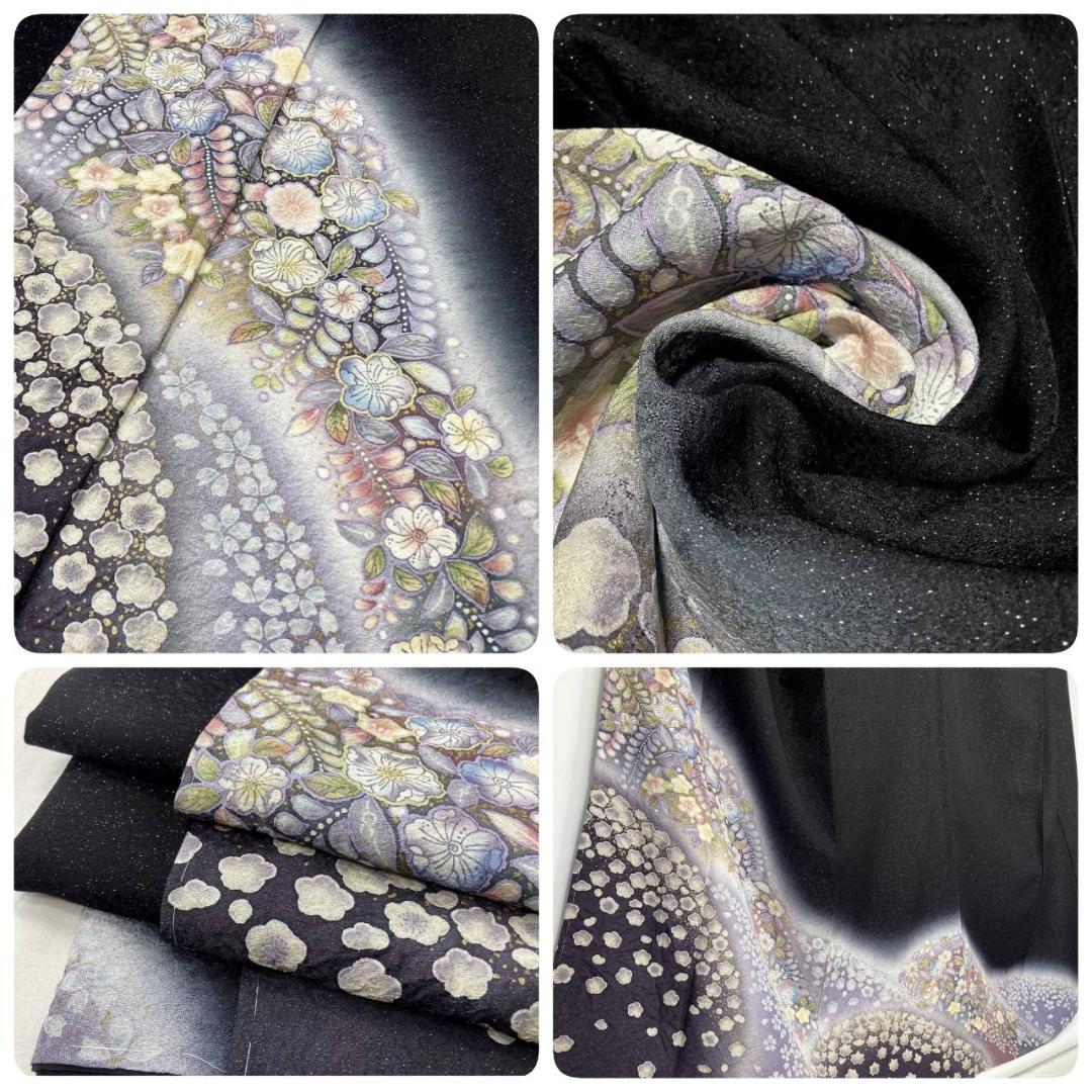 未使用 辻が花 絞り 銀通し 訪問着 正絹 袷 黒 紫 パステルカラー 1373