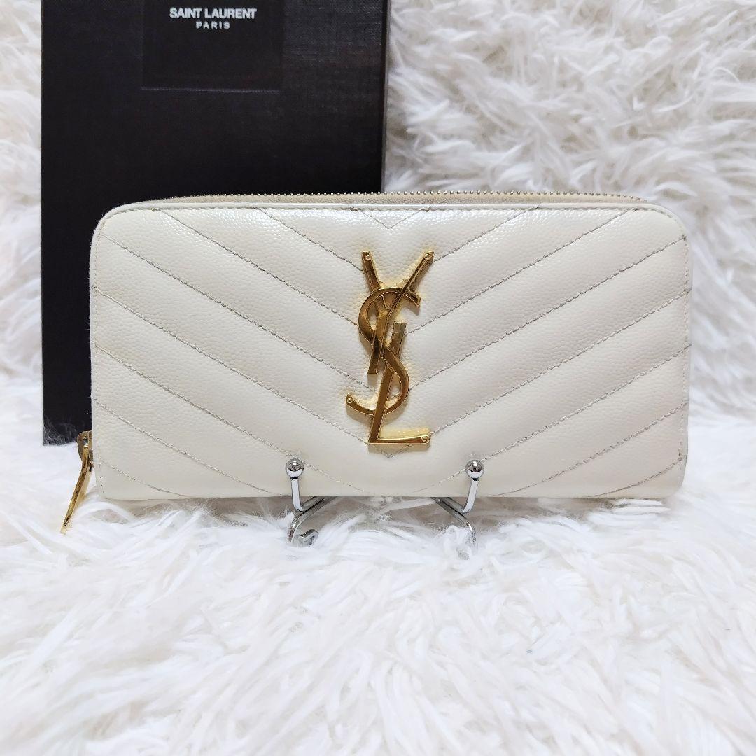 レア美品✨サンローラン◇ラウンドファスナー長財布　Vキルティングゴールド金具白