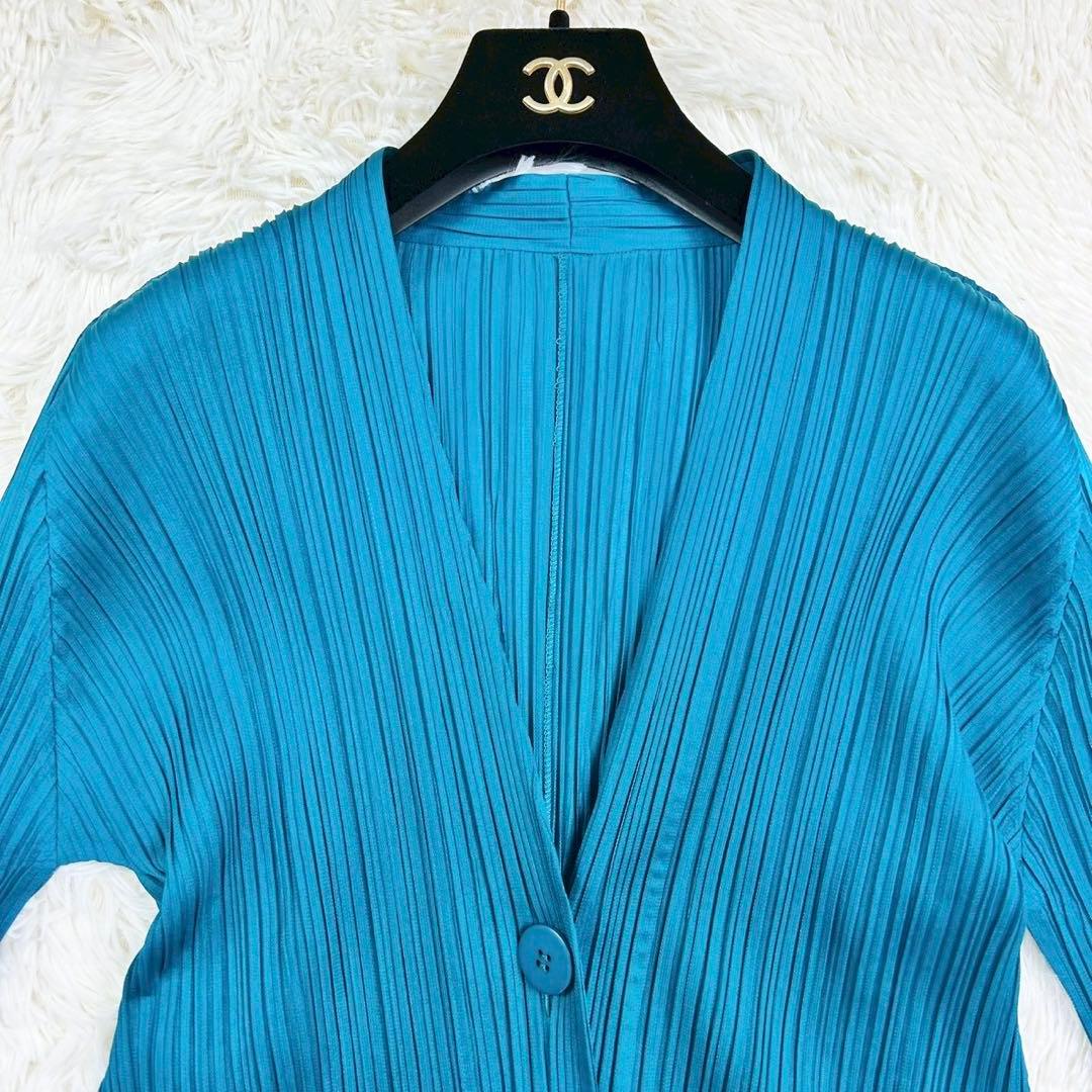 美品　プリーツプリーズ　ロングカーディガン　羽織り　長袖　軽量　ブルー系　3