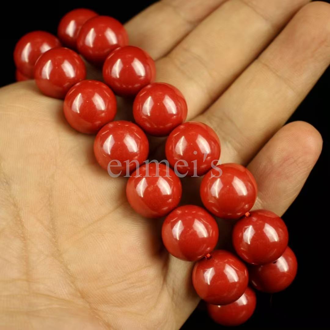 天然朱砂(シナバー )帝王砂真っ赤　１４mm縁起　魔除け|ブレスレット木箱付き