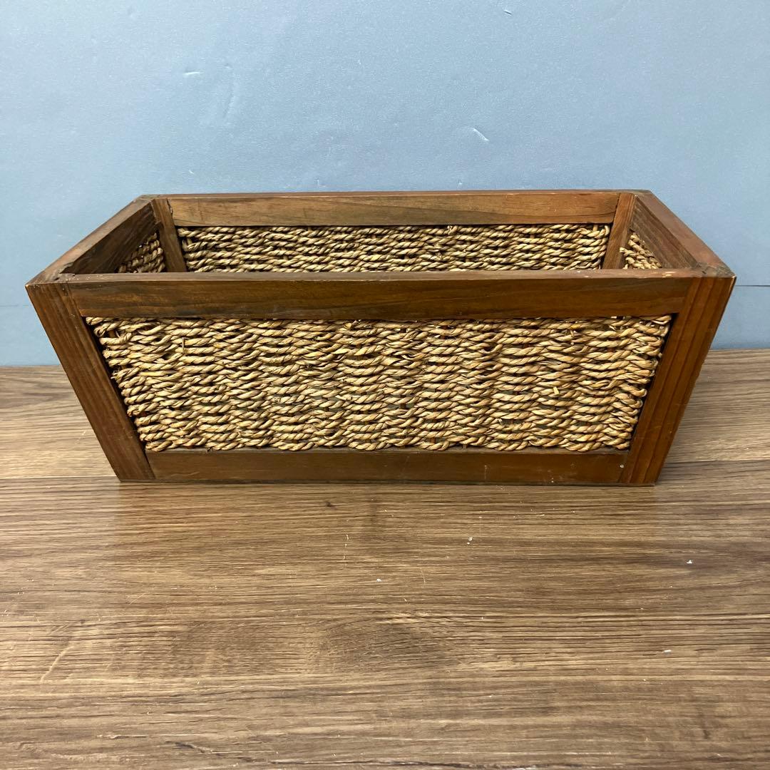 4F 木製フレーム 編み込みバスケット 収納かご アンティーク調 天然素材