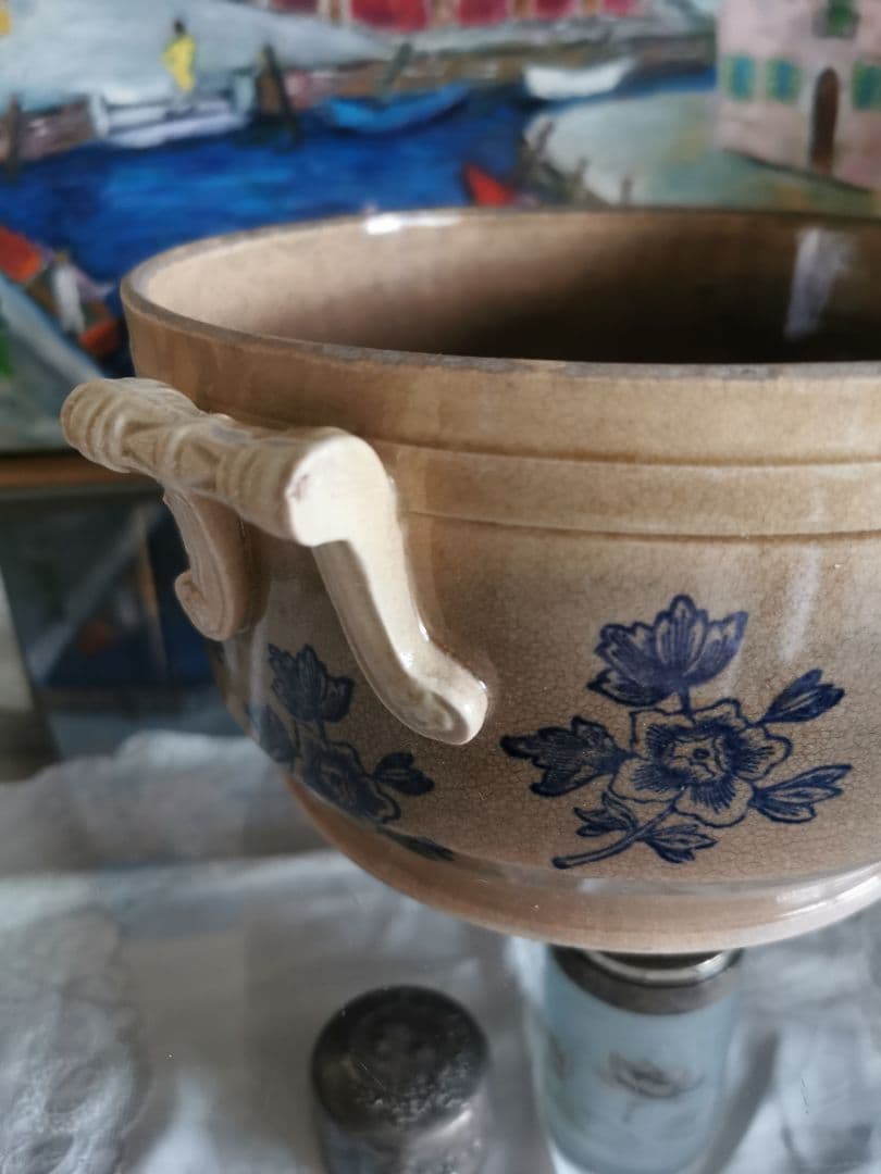 アンティークフランス ハンドル付きディープボウル インディゴ花柄深皿 美しい貫入