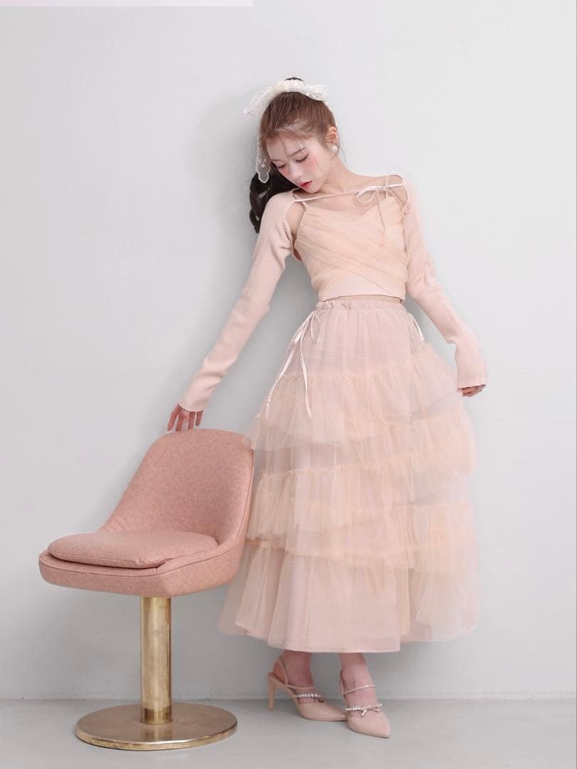 M me eme ♡ Tulle knit ensemble tops pink