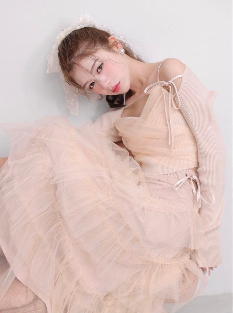 M me eme ♡ Tulle knit ensemble tops pink