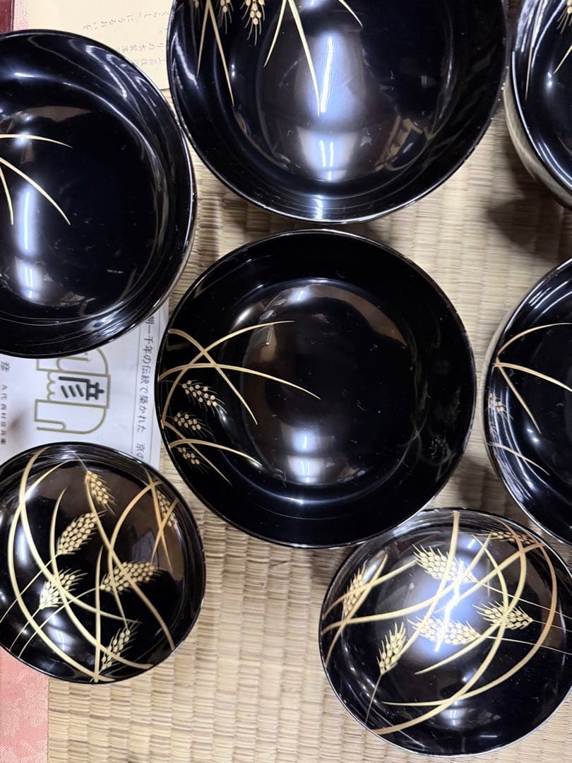 象彦製・黒塗り蒔絵碗　京都　平安象彦　稲穂蒔絵