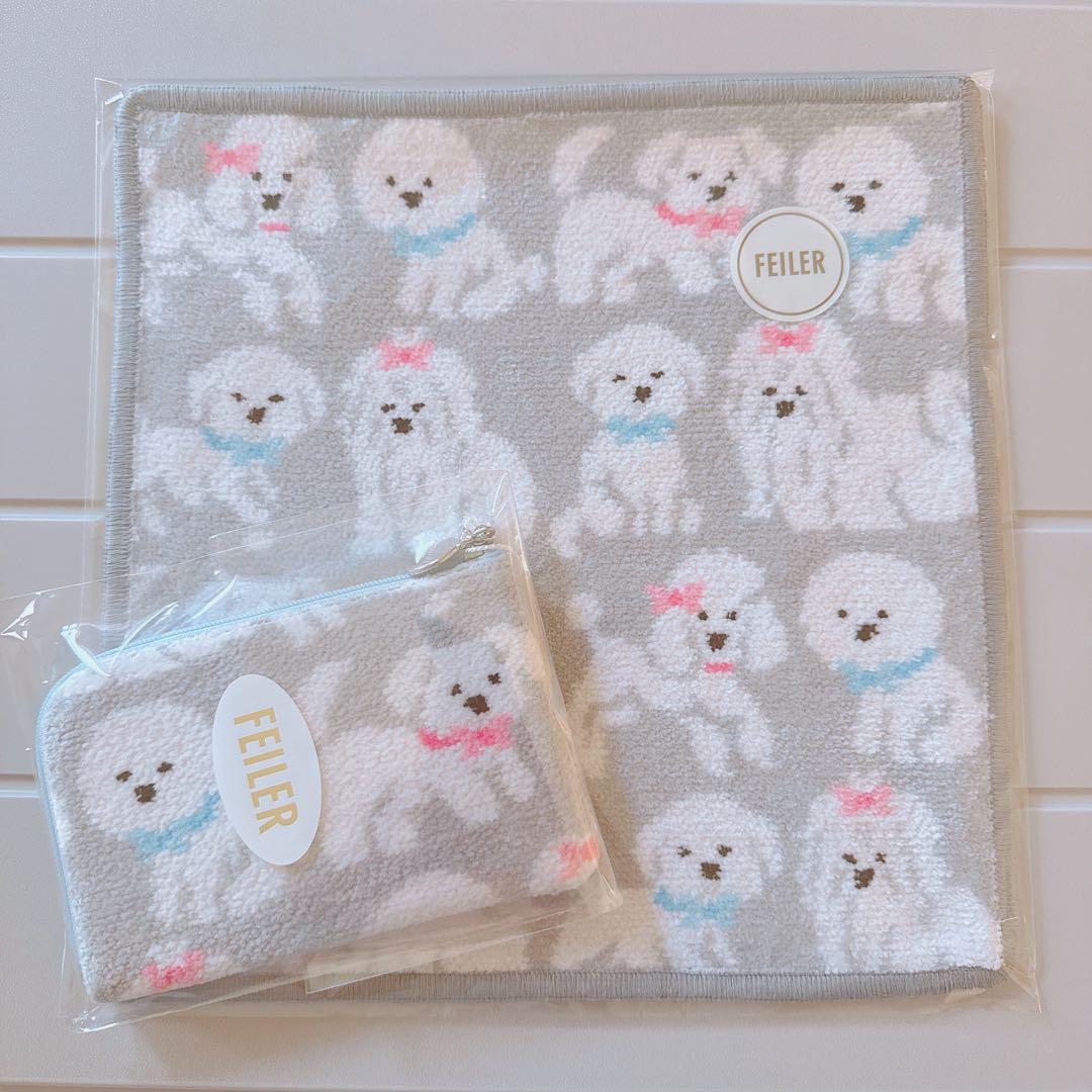 フェイラー　モフモフワンチャン　ハンカチ＆L字ポーチ　グレー