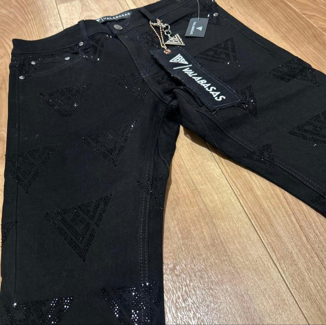 【新品未使用】valabasas ブラックフレア ラインストーンデニム 32