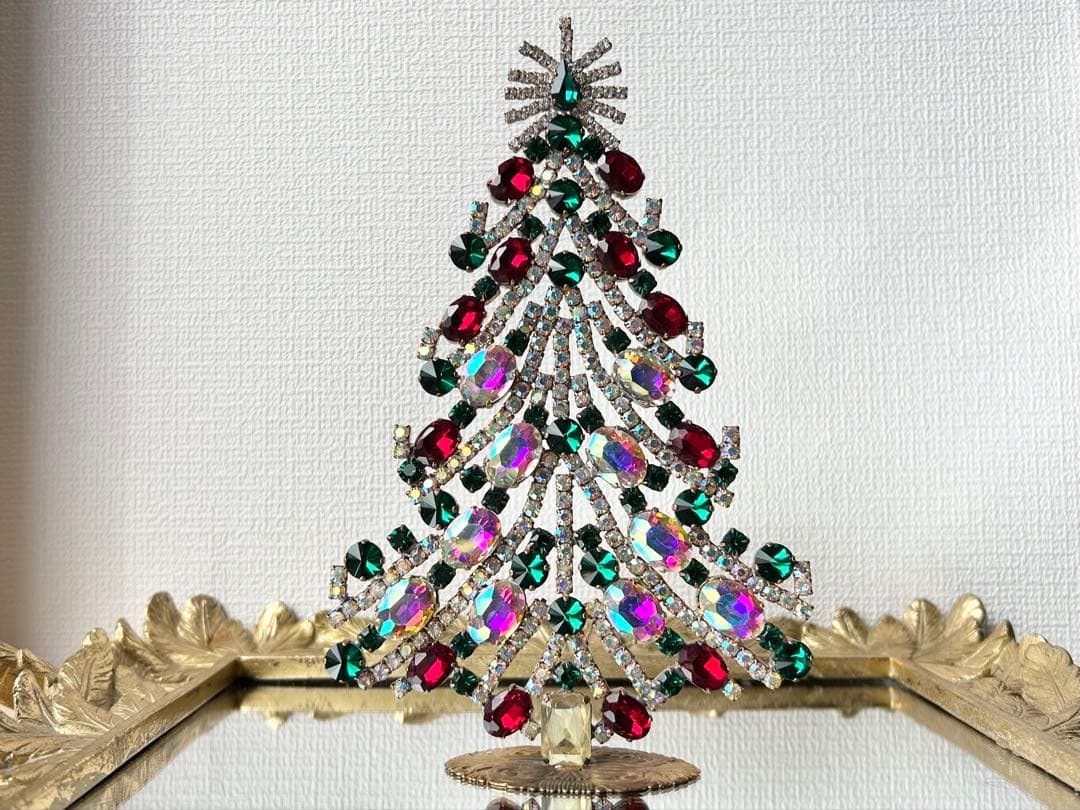 チェコガラス/ガラスツリー/赤/緑/オーロラ/卓上/クリスマス/ラインストーン