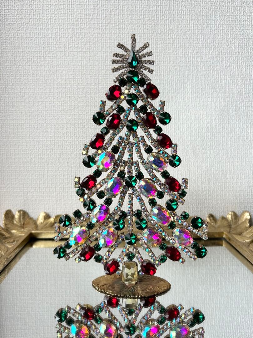 チェコガラス/ガラスツリー/赤/緑/オーロラ/卓上/クリスマス/ラインストーン