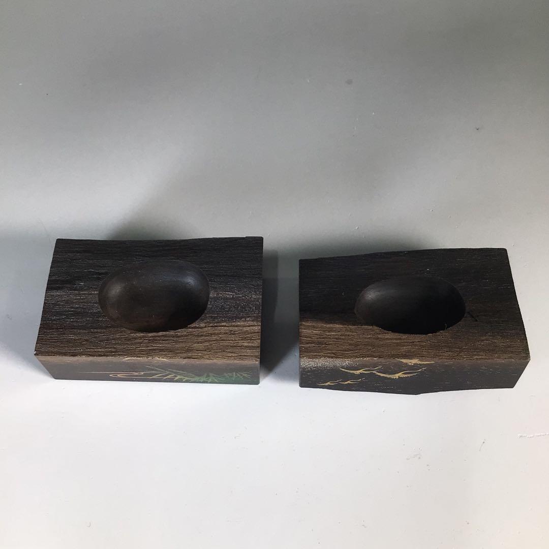 Ｎ７２９　香合　『中林星山作』『芦に雁蒔絵』『黒柿割香合』　共箱　茶道具