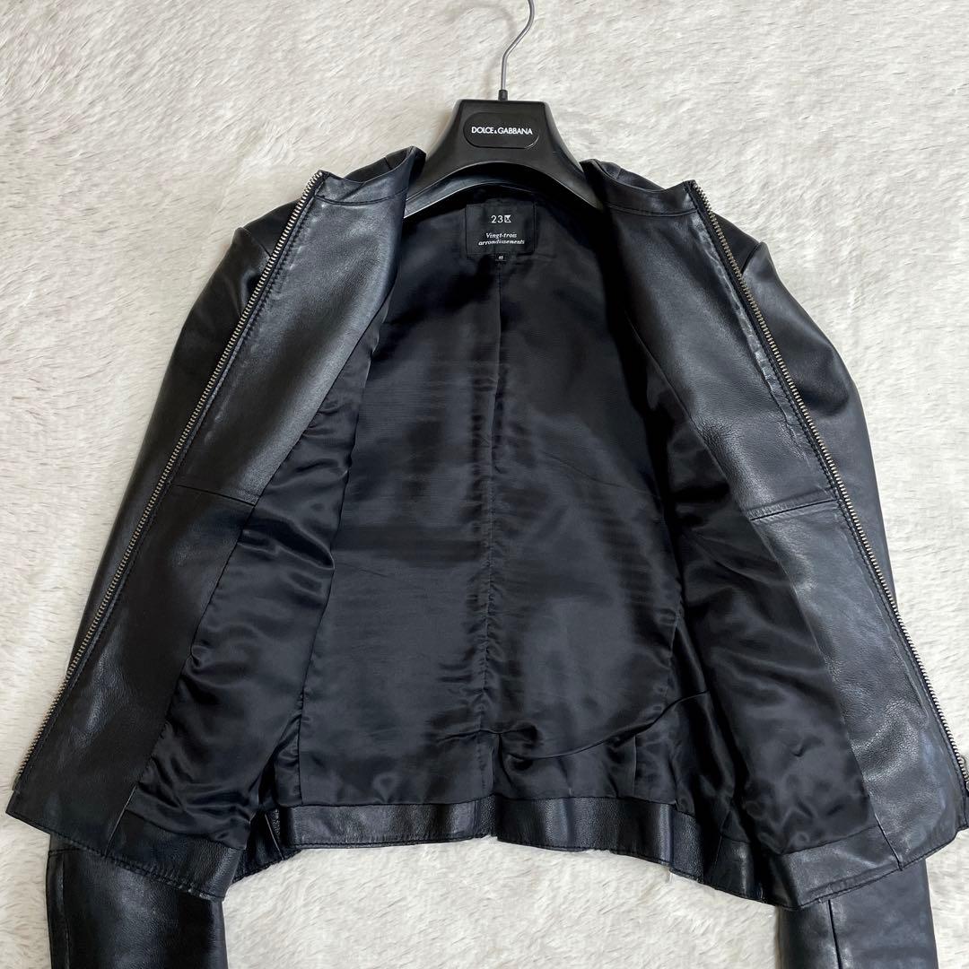 美品 23区 羊革 ノーカラー レザージャケット ライダース Lサイズ ブラック