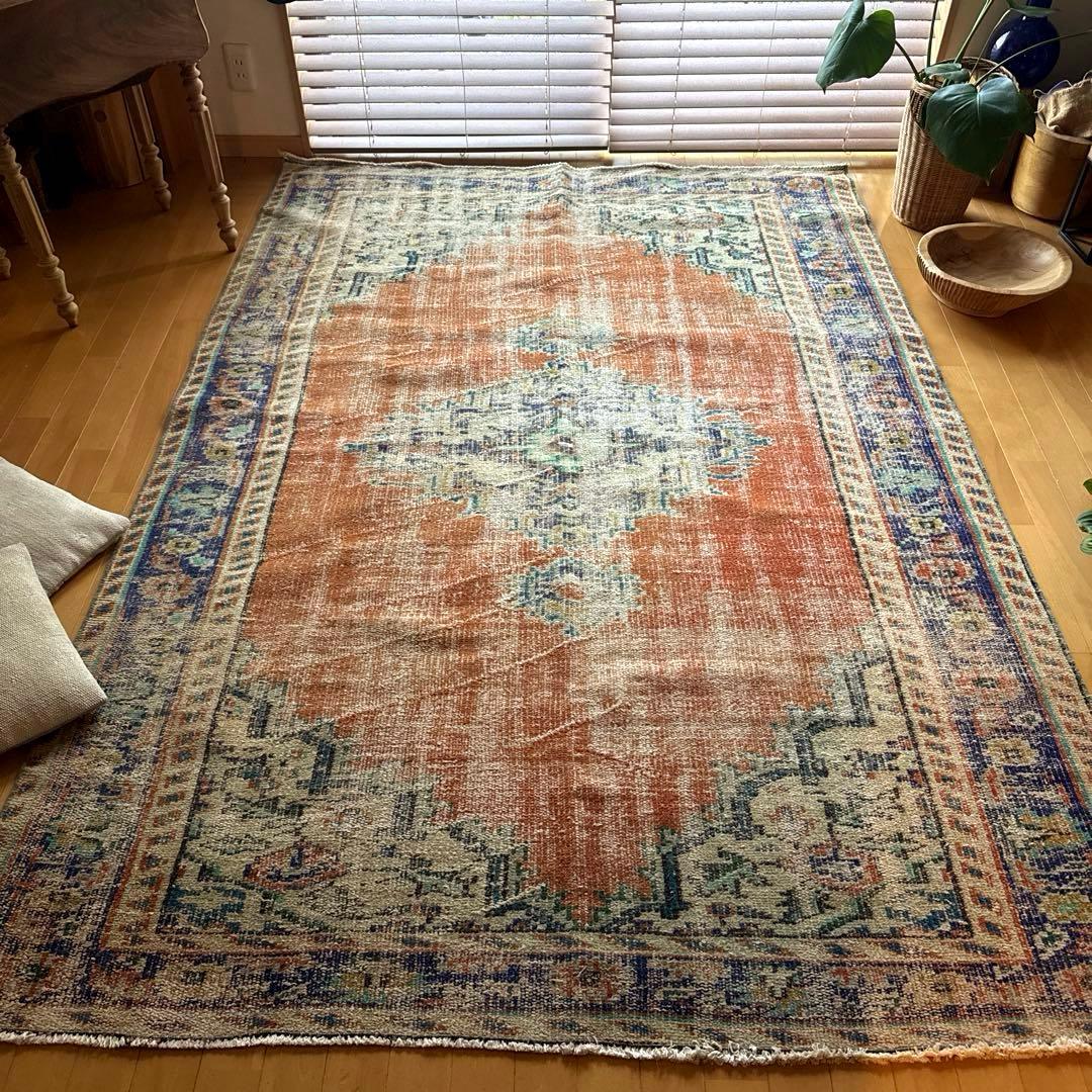 大判162×227 夕焼けオレンジ　貴重　メダリオン　トルコヴィンテージラグ