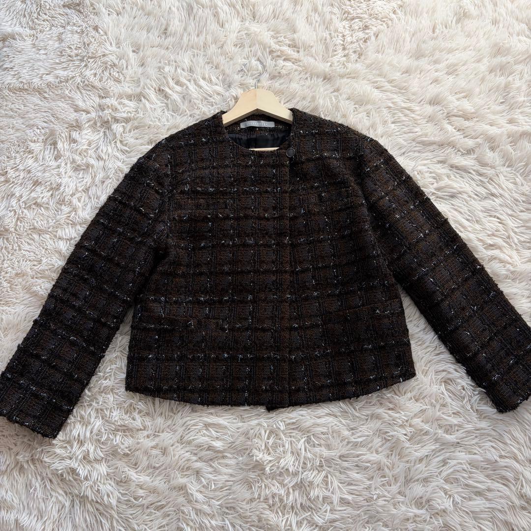 【美品】23AW セオリーリュクス ノーカラージャケット ツイード L 40