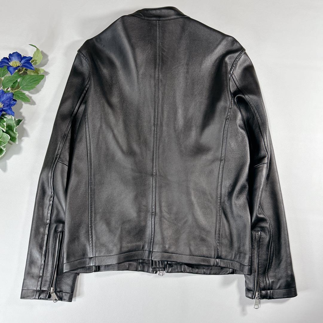 美品 SHIPS 黒ラムレザー シングルライダースジャケット Lサイズ