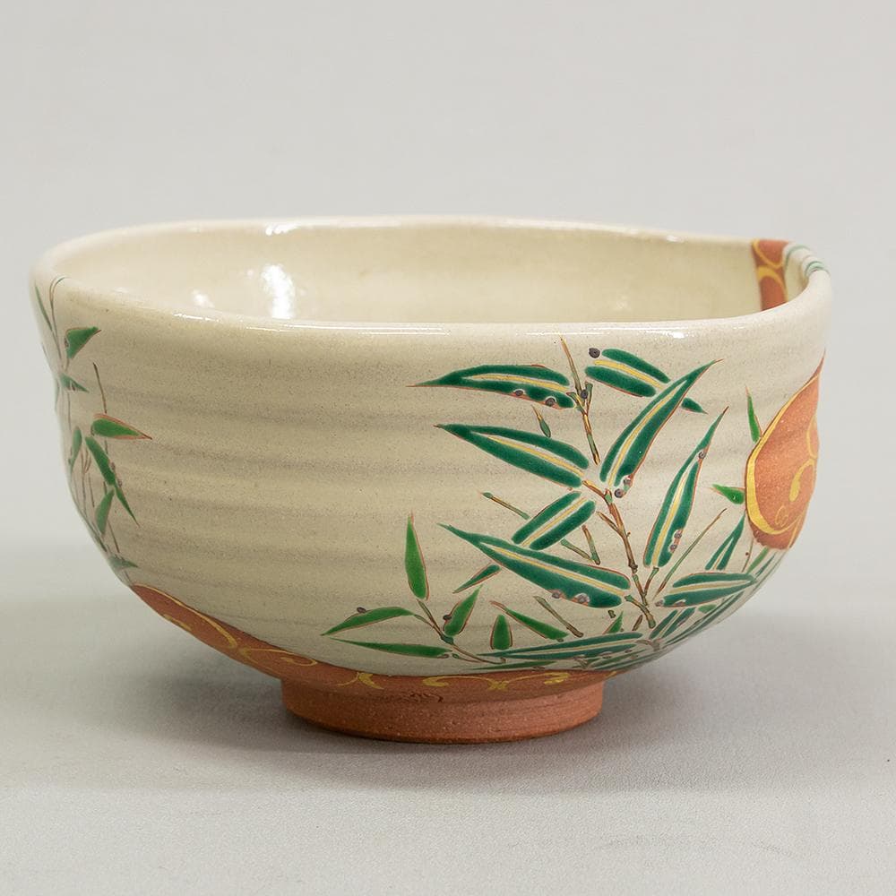 京焼 平安 中村秋峰 茶碗 光琳水露笹絵 美品 共箱 茶道具 抹茶碗 平茶碗