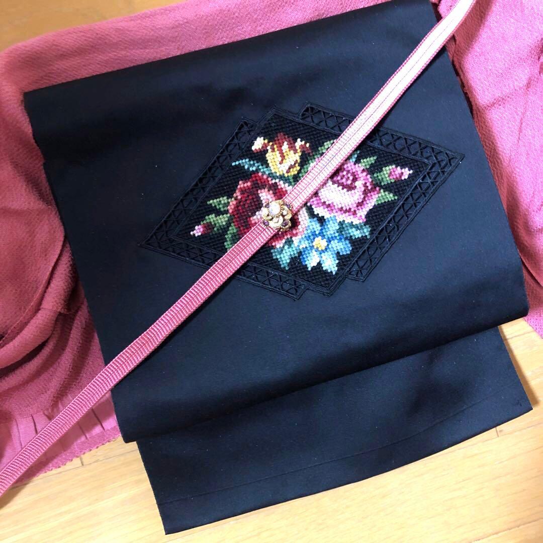 ヴィンテージ正絹名古屋帯カットワーククロスステッチ＋帯締め＋帯揚げ＋帯留