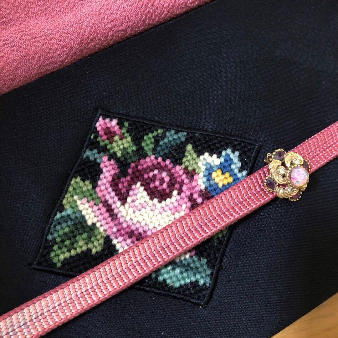 ヴィンテージ正絹名古屋帯カットワーククロスステッチ＋帯締め＋帯揚げ＋帯留