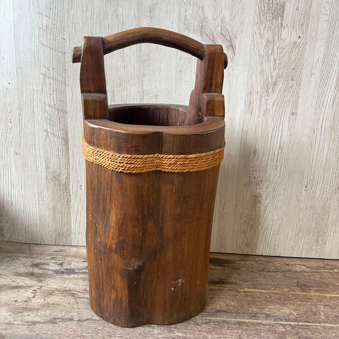 傘立て 昭和レトロ 天然木 無垢材 手桶型 古道具 置物 古道具 古民具