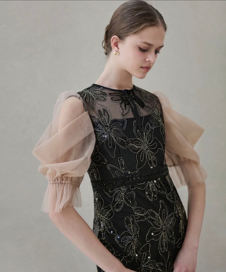 スパンコールフラワーリボンチュールワンピースドレス結婚式二次会パーティー成人式