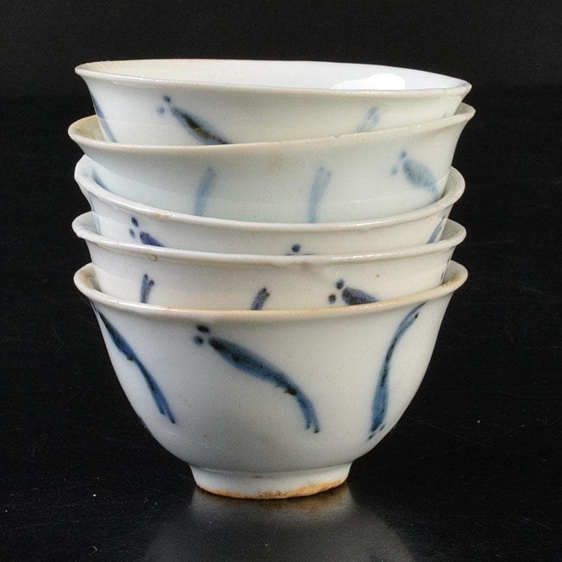 中国　南京染付　青花メダカ文煎茶碗　五客　M　6845