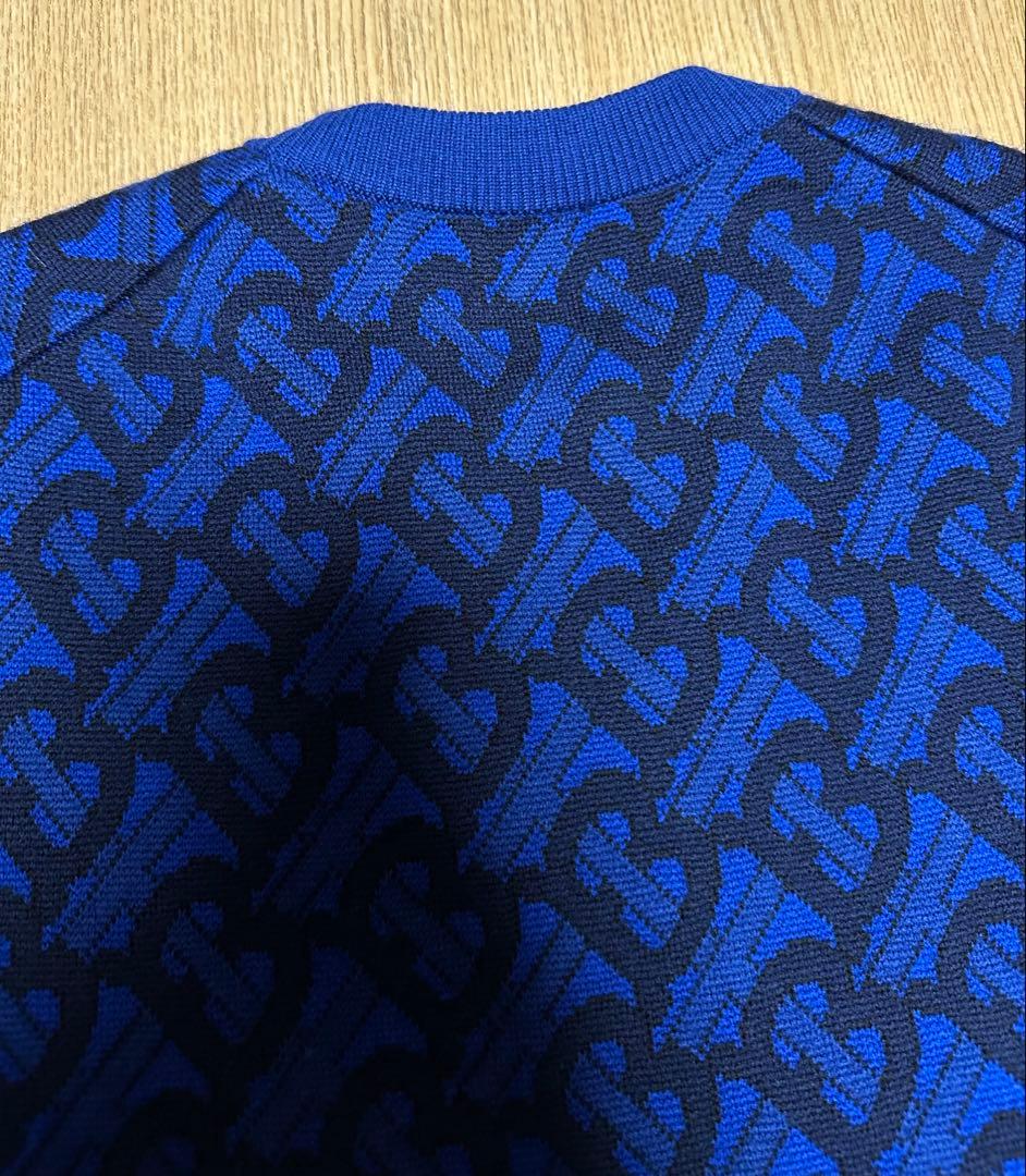美品 BURBERRY ニット バーバリー セーター M TBロゴ 総柄 ブルー