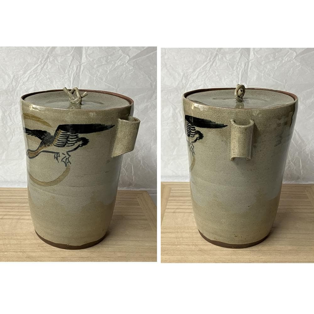 F1408 虫明焼 耳付水指 月に雁 木箱入り 水指 茶道具