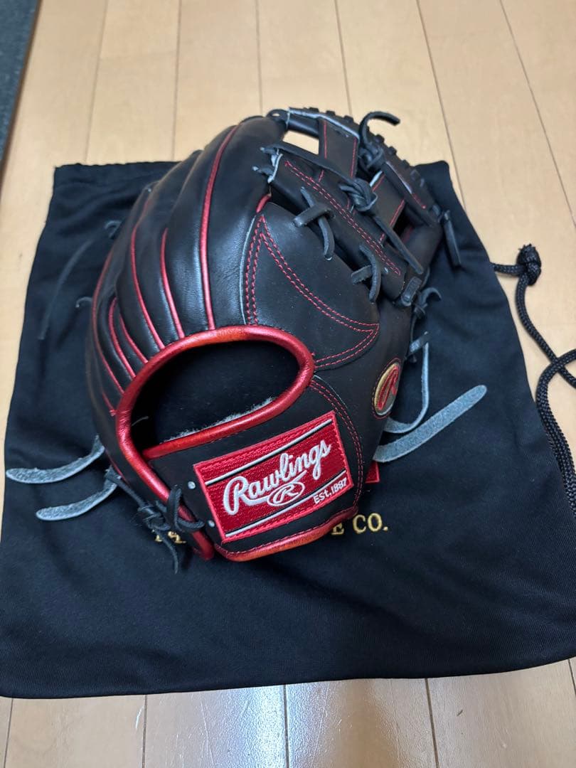 Rawlings 軟式グローブ 黒/赤 収納袋付き