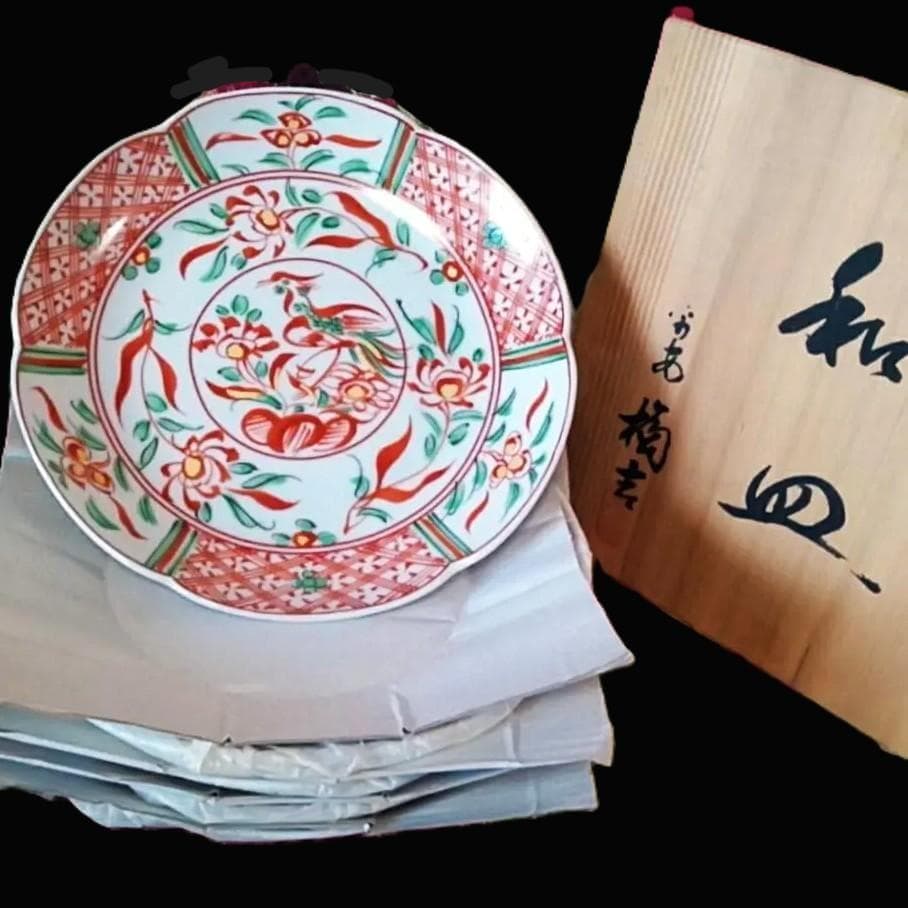 新品木箱入5点 たち吉 赤絵金彩花鳥輪花皿 鳳凰
