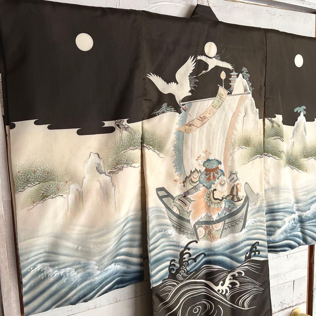 5502◆男の子アンティーク着物五つ紋宝船番鶴波手描き手刺繍時代古裂品格ある逸品